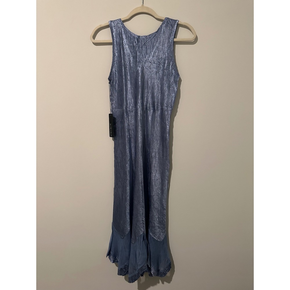 Komarov Blue Crinkle Pleated Sequin V-Neck Handkerchief Hem Midi Dress NWT L - Picture 7 of 7